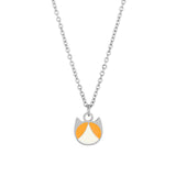 A silver chain necklace with a small cat-shaped pendant featuring orange and cream enamel details, shown against a plain white background.