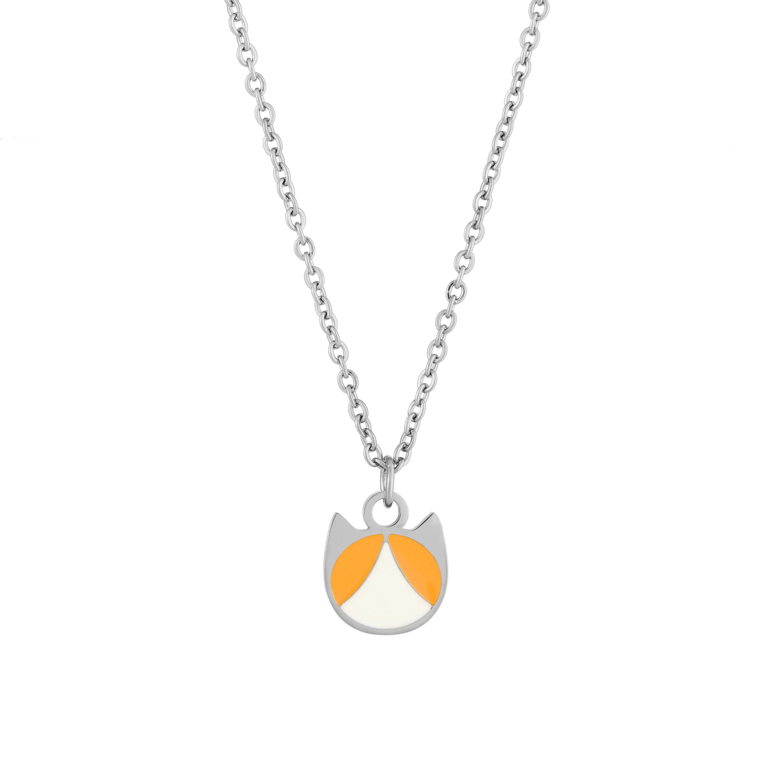 A silver chain necklace with a small cat-shaped pendant featuring orange and cream enamel details, shown against a plain white background.