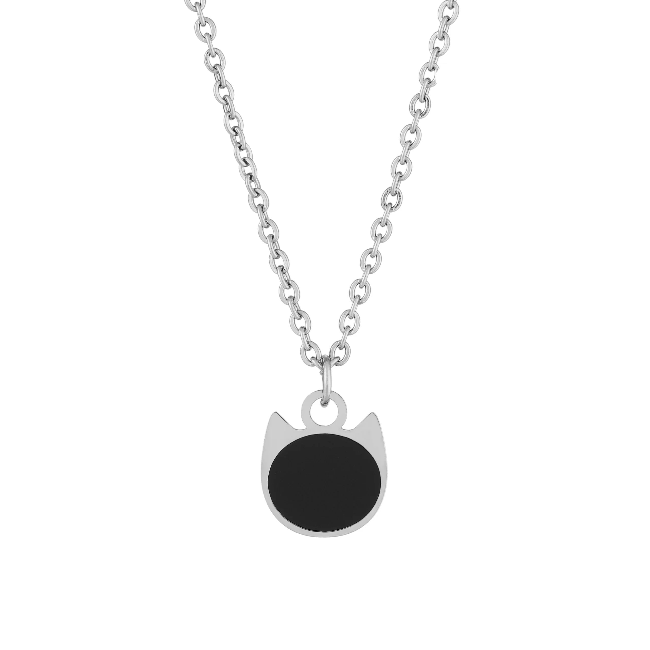 A silver chain necklace with a cat-shaped pendant featuring a solid black circular center, shown against a plain white background.