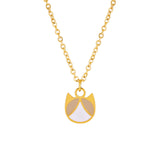 A gold chain necklace with a pendant shaped like a stylized fox head, featuring gold, beige, and white enamel details, shown on a plain white background.