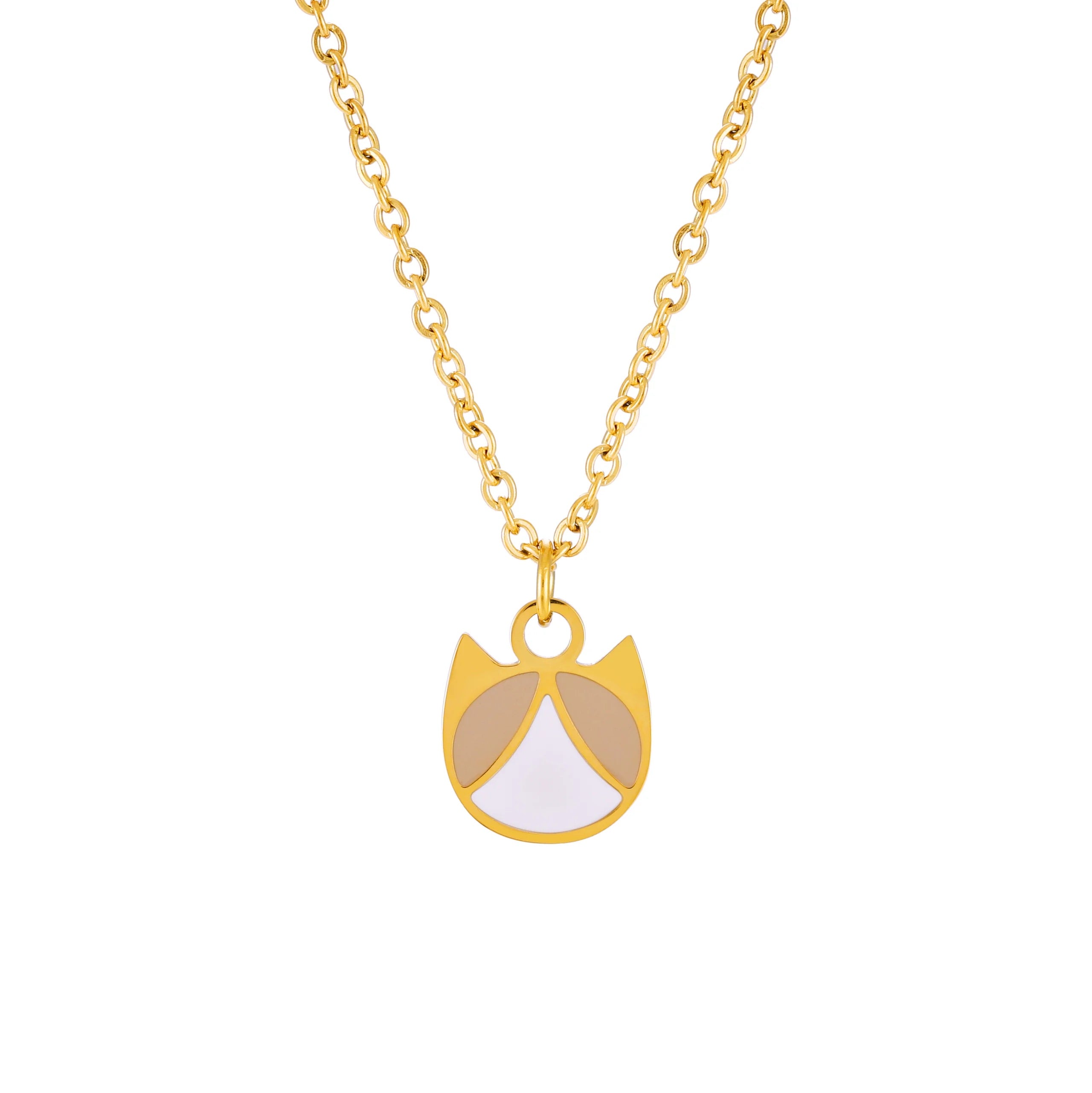 A gold chain necklace with a pendant shaped like a stylized fox head, featuring gold, beige, and white enamel details, shown on a plain white background.