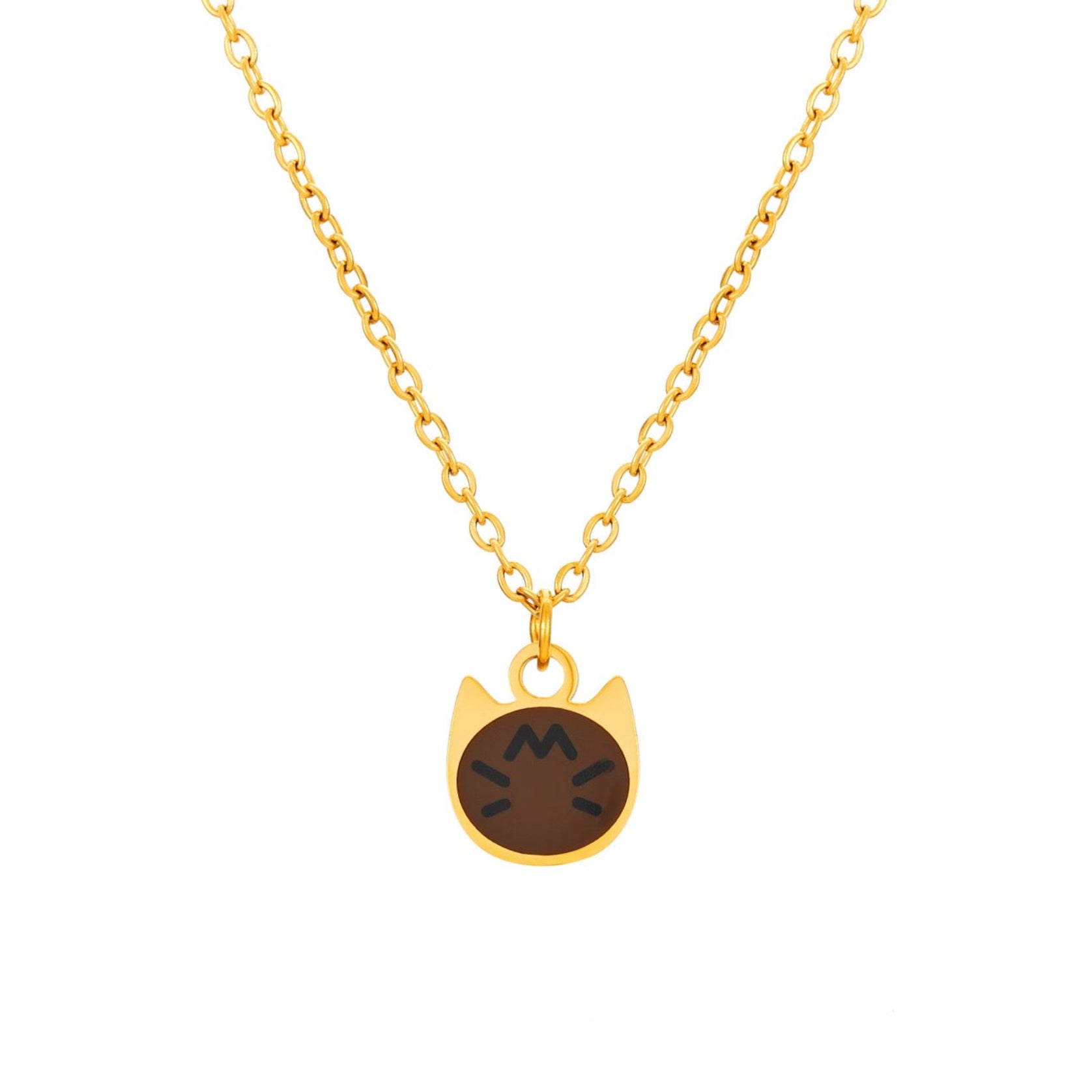 A gold chain necklace with a small cat-shaped pendant featuring a dark brown face with white eyes and mouth, shown against a plain white background.