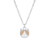 A silver chain necklace with a pendant shaped like a stylized cat face, featuring a white lower section and two light beige upper sections, shown on a plain white background.