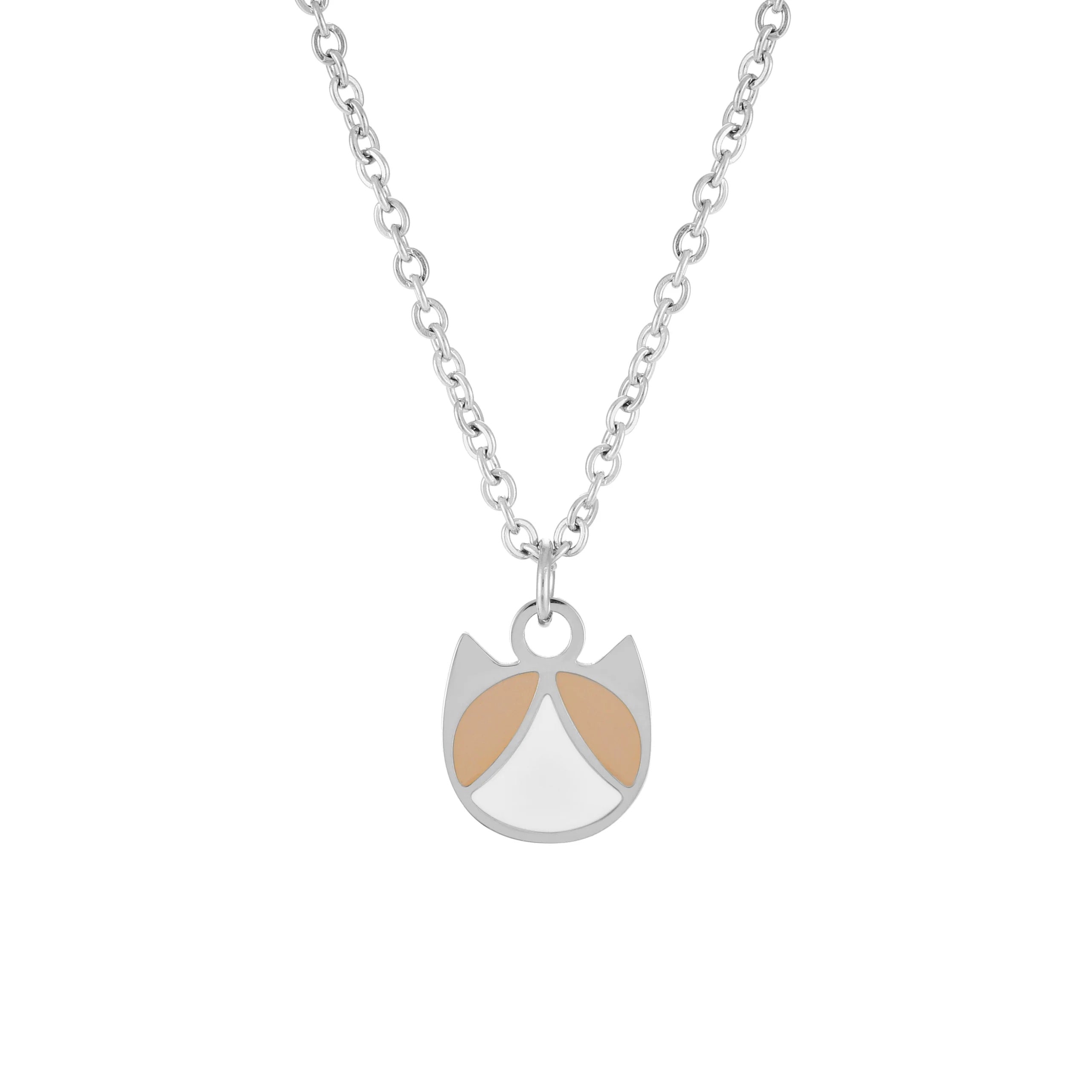 A silver chain necklace with a pendant shaped like a stylized cat face, featuring a white lower section and two light beige upper sections, shown on a plain white background.