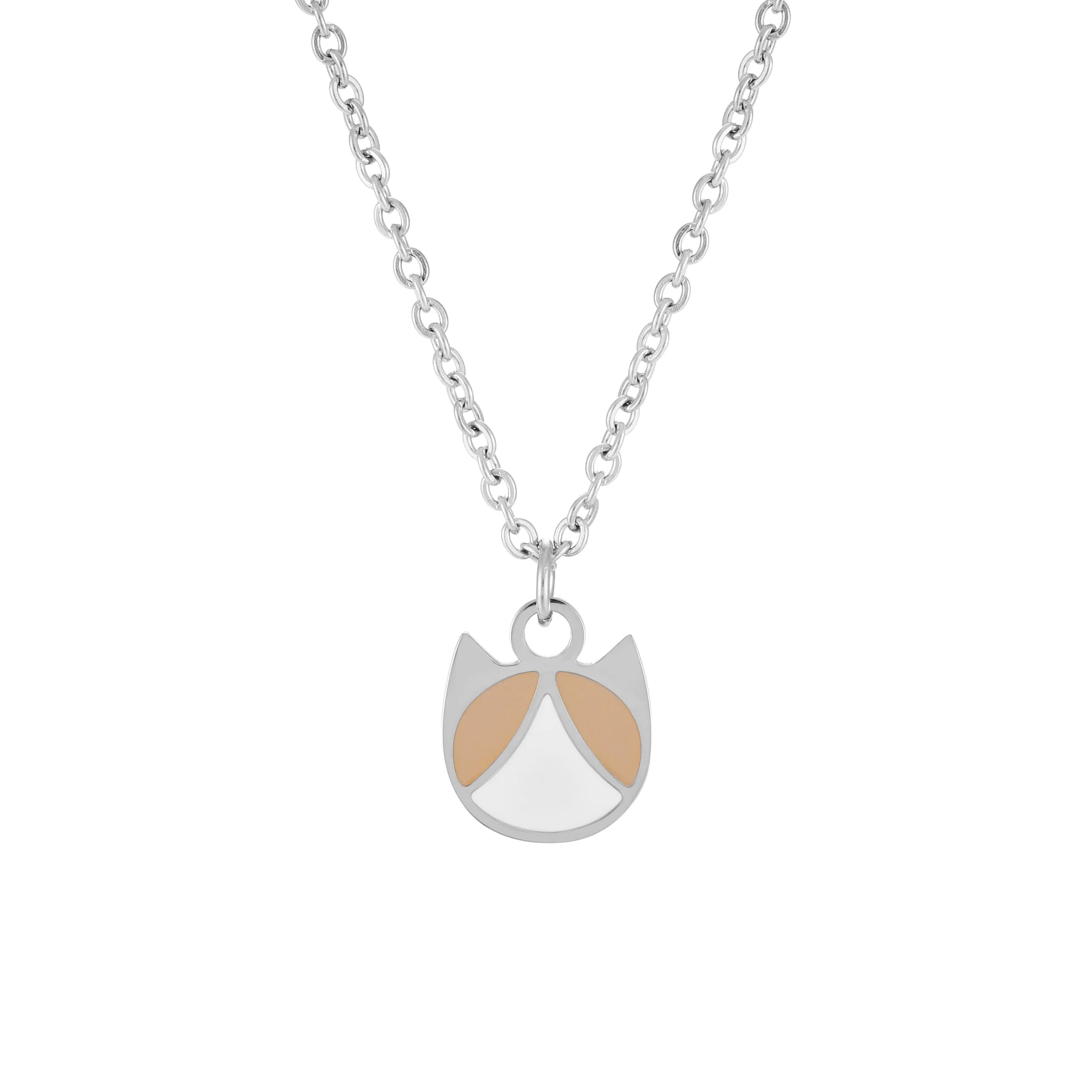 A silver chain necklace with a pendant shaped like a stylized cat face, featuring a white lower section and two light beige upper sections, shown on a plain white background.