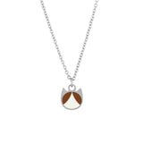 A silver chain necklace with a minimalist pendant shaped like a cat's face, featuring a white and brown enamel design, shown on a plain white background.