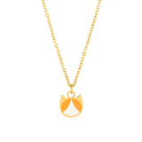 A gold chain necklace featuring a small cat-shaped pendant with orange and white enamel details, shown against a plain white background.