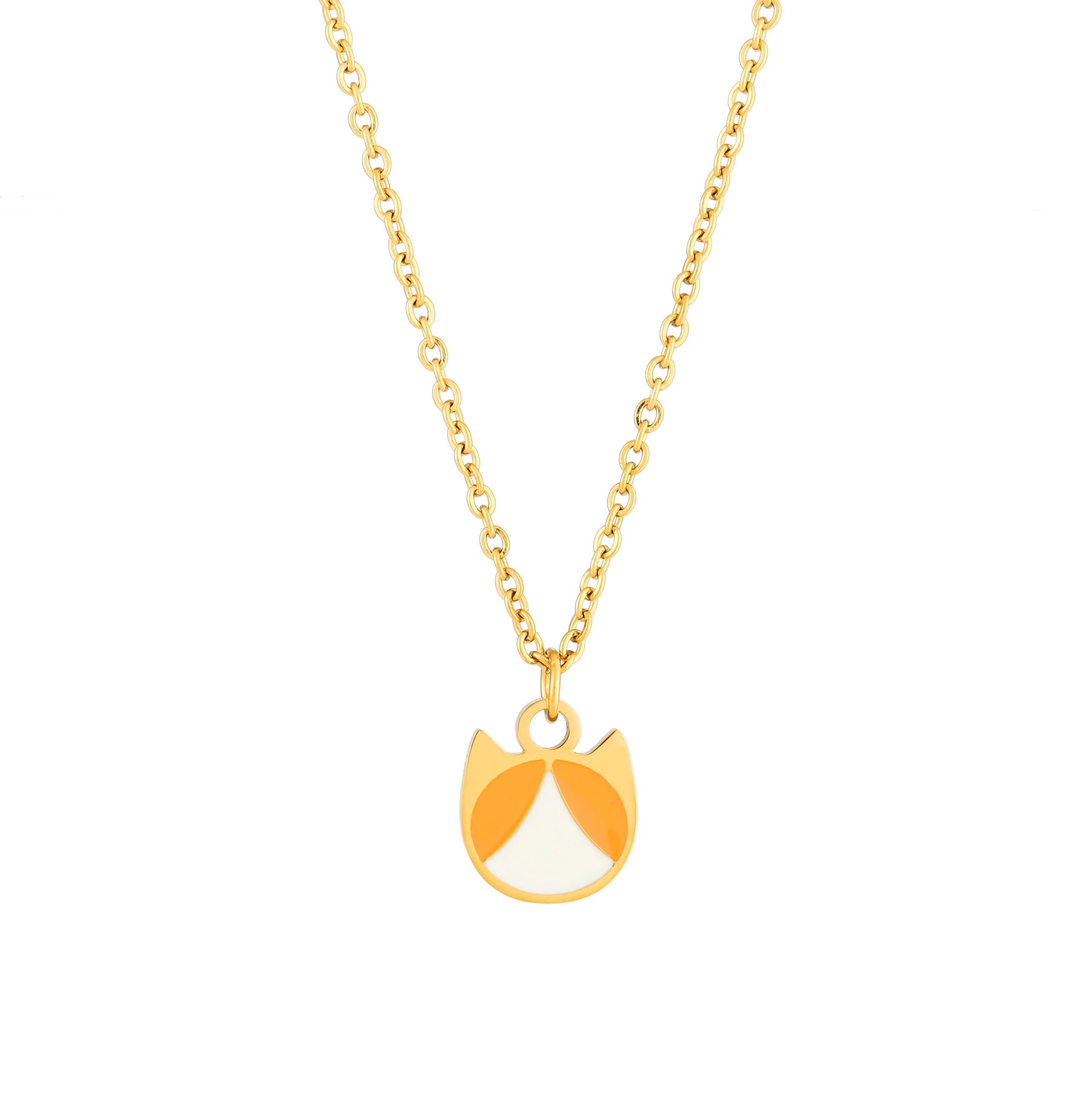 A gold chain necklace featuring a small cat-shaped pendant with orange and white enamel details, shown against a plain white background.
