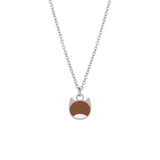 A silver chain necklace with a small pendant shaped like a cat face, featuring a brown oval for the nose and mouth area, shown on a plain white background.