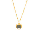 A gold chain necklace featuring a minimalist cat-face pendant with a dark gray center and a small white accent at the bottom, shown against a plain white background.