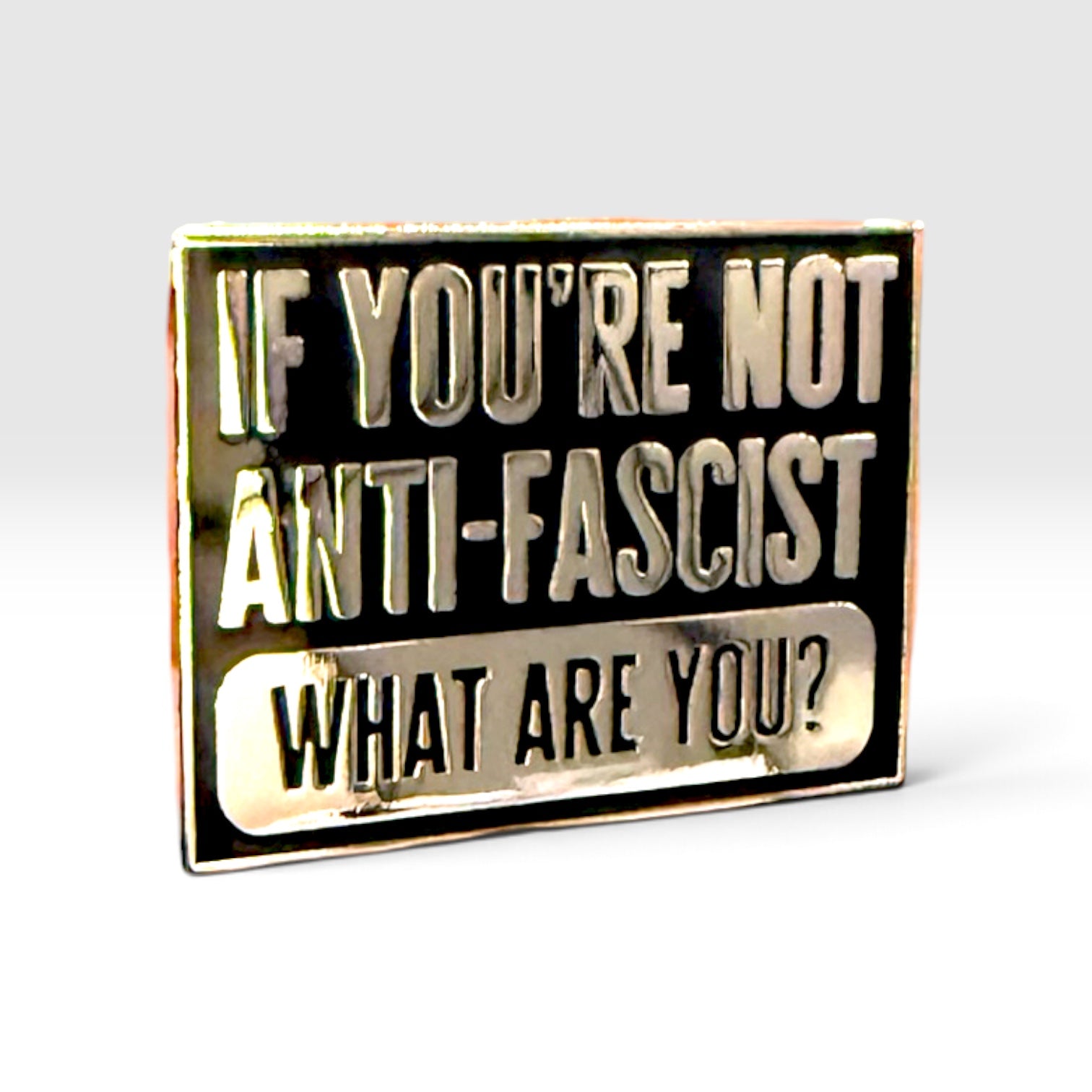 A rectangular enamel pin with a black background and metallic gold-toned lettering that reads, 'IF YOU'RE NOT ANTI-FASCIST WHAT ARE YOU?' on a light gray studio background.