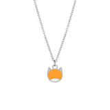 A silver chain necklace with a small pendant shaped like a stylized orange fox head with gray ears, shown on a plain white background.