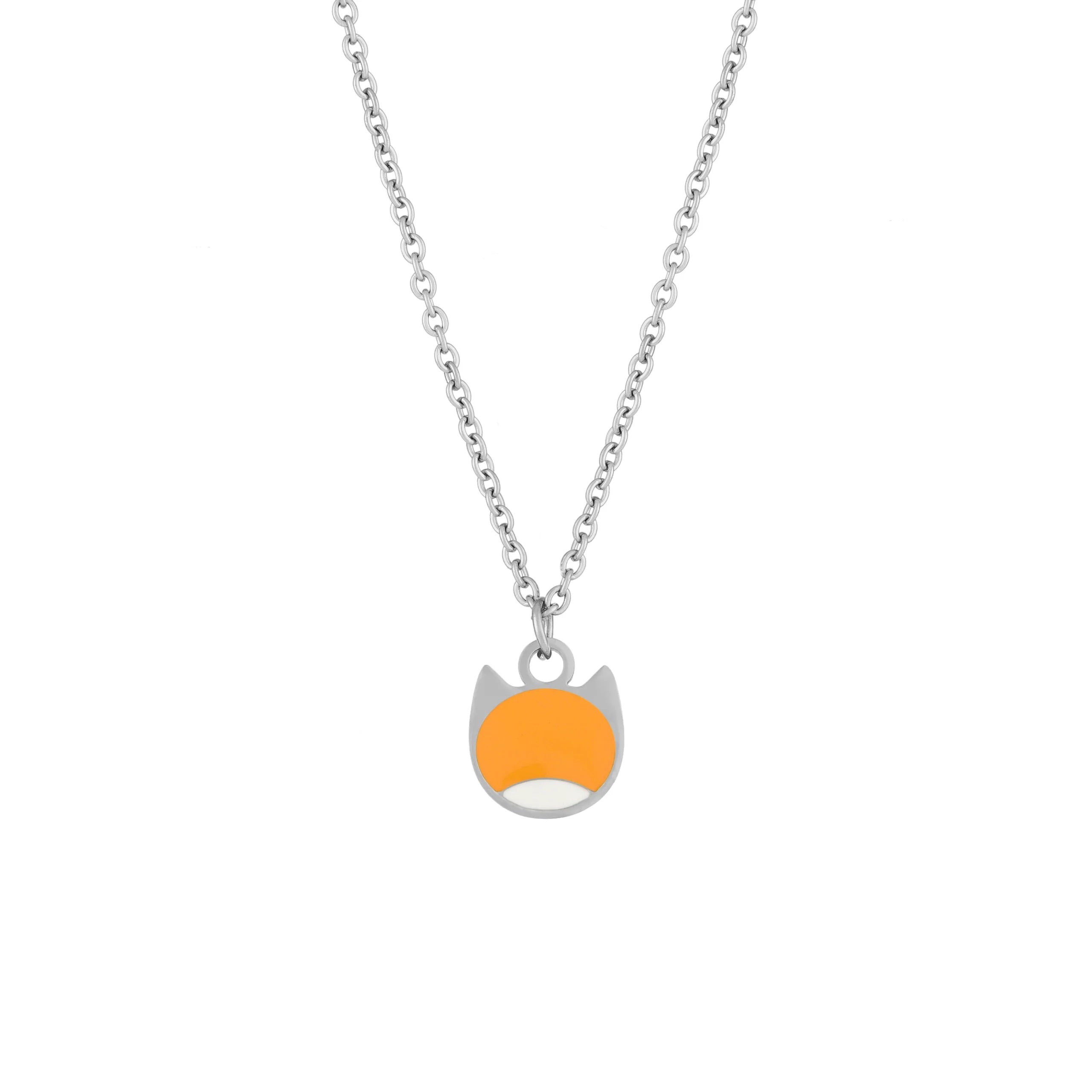 A silver chain necklace with a small pendant shaped like a stylized orange fox head with gray ears, shown on a plain white background.