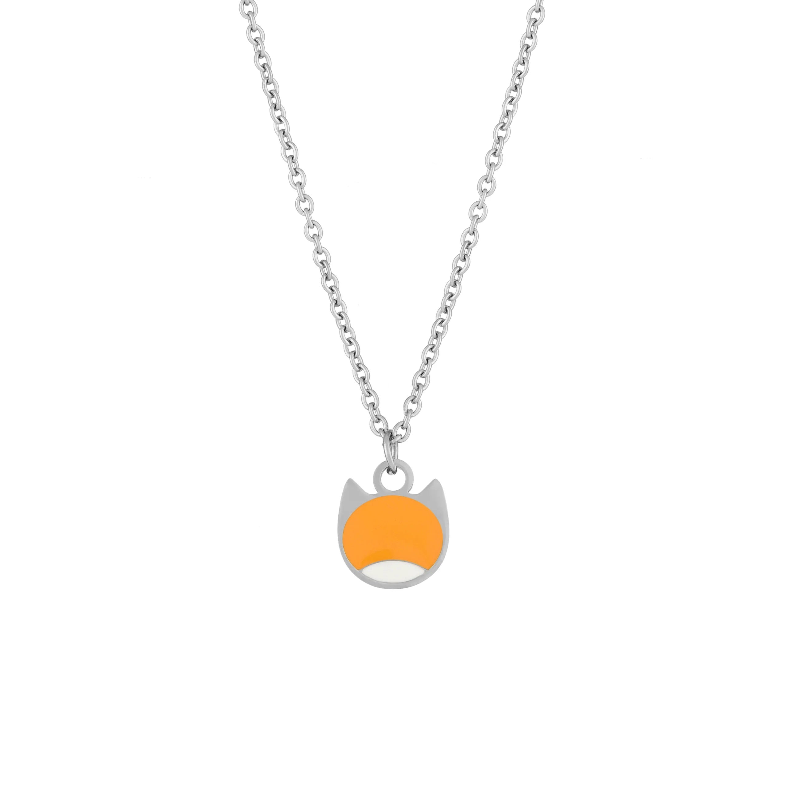 A silver chain necklace with a small pendant shaped like a stylized orange fox head with gray ears, shown on a plain white background.