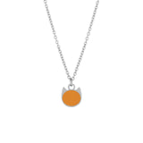 A silver chain necklace with a cat-shaped pendant featuring a solid orange face and silver ears, shown against a plain white background.