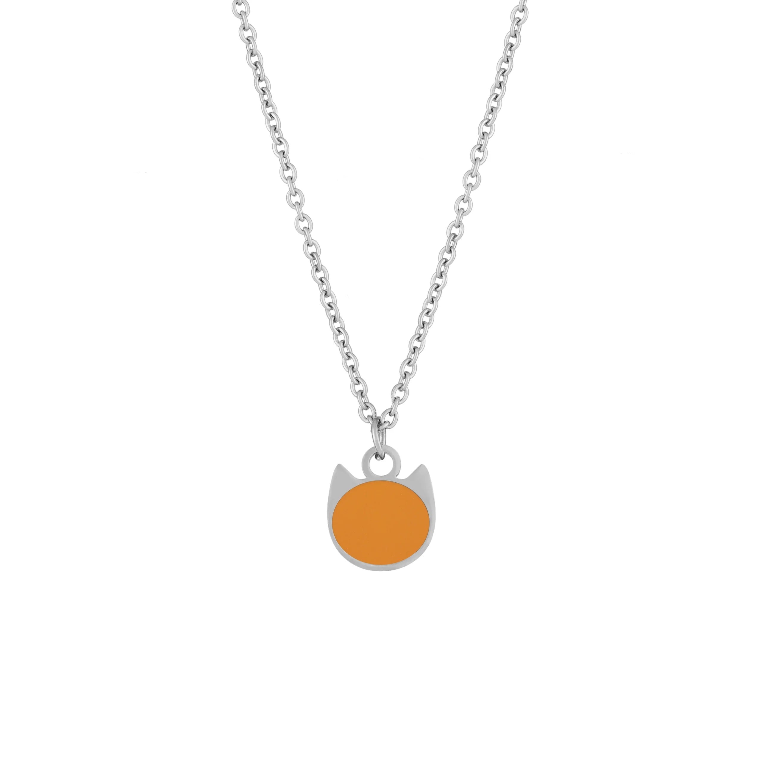 A silver chain necklace with a cat-shaped pendant featuring a solid orange face and silver ears, shown against a plain white background.