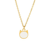 A gold chain necklace with a cat-shaped pendant featuring a white circular center, shown against a plain white background.