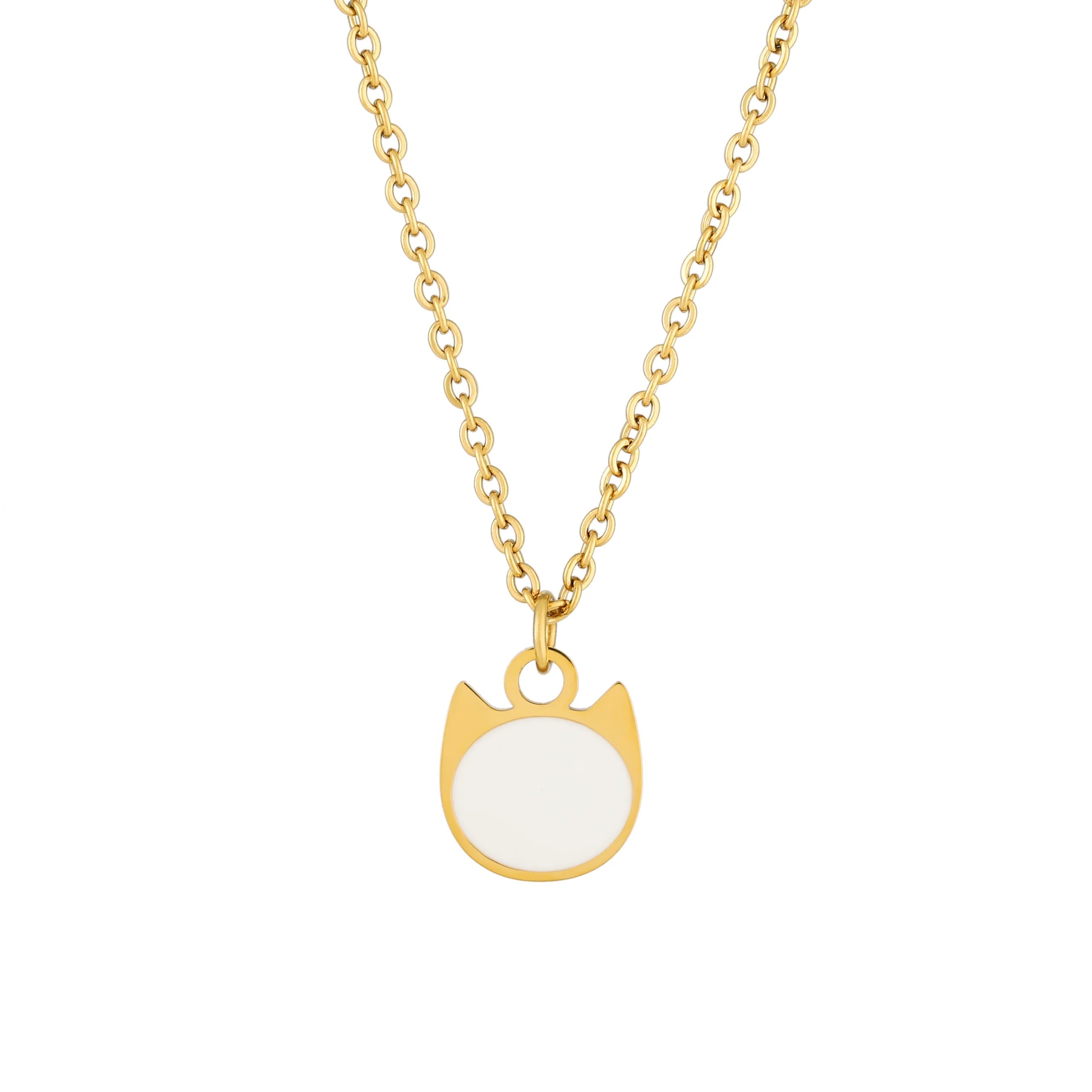 A gold chain necklace with a cat-shaped pendant featuring a white circular center, shown against a plain white background.