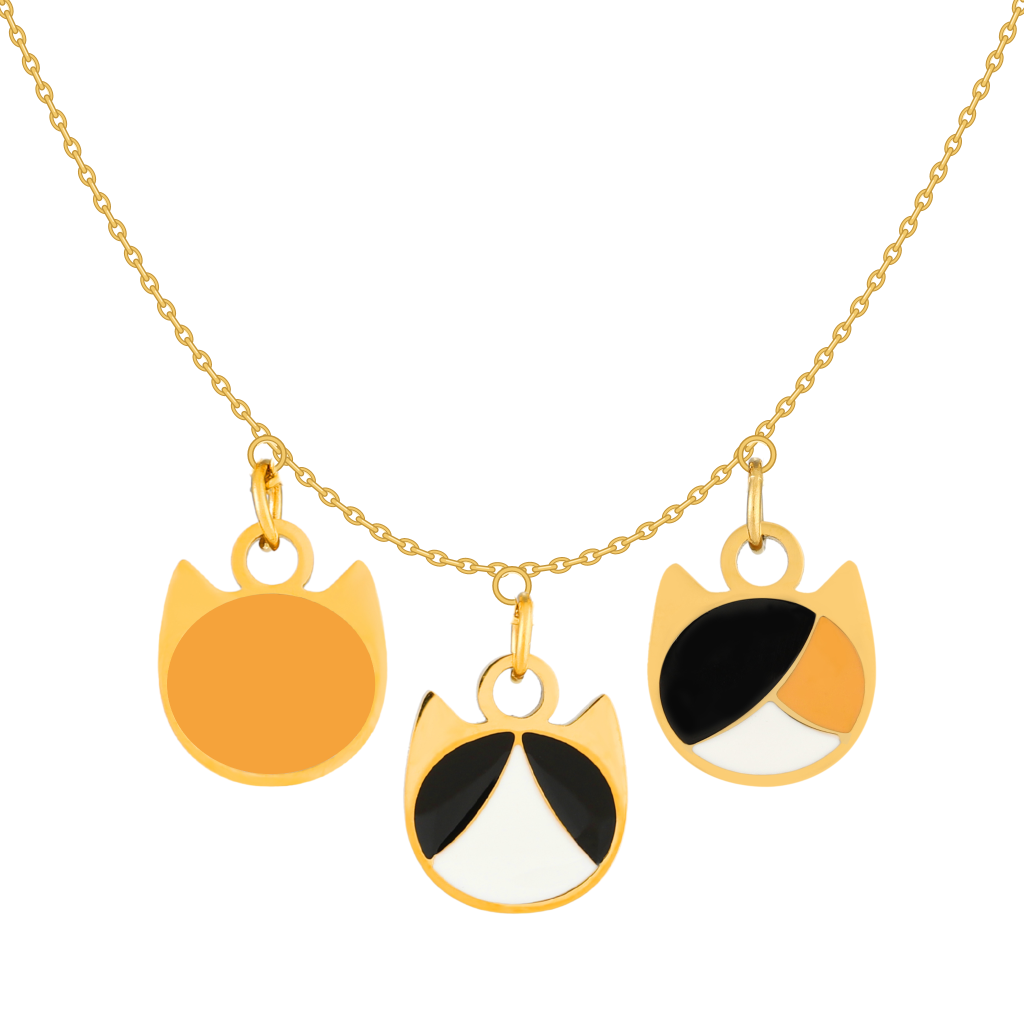 Gold chain necklace with three round cat-face charms in orange, black-and-white, and white-and-orange enamel designs, shown on a plain white background.