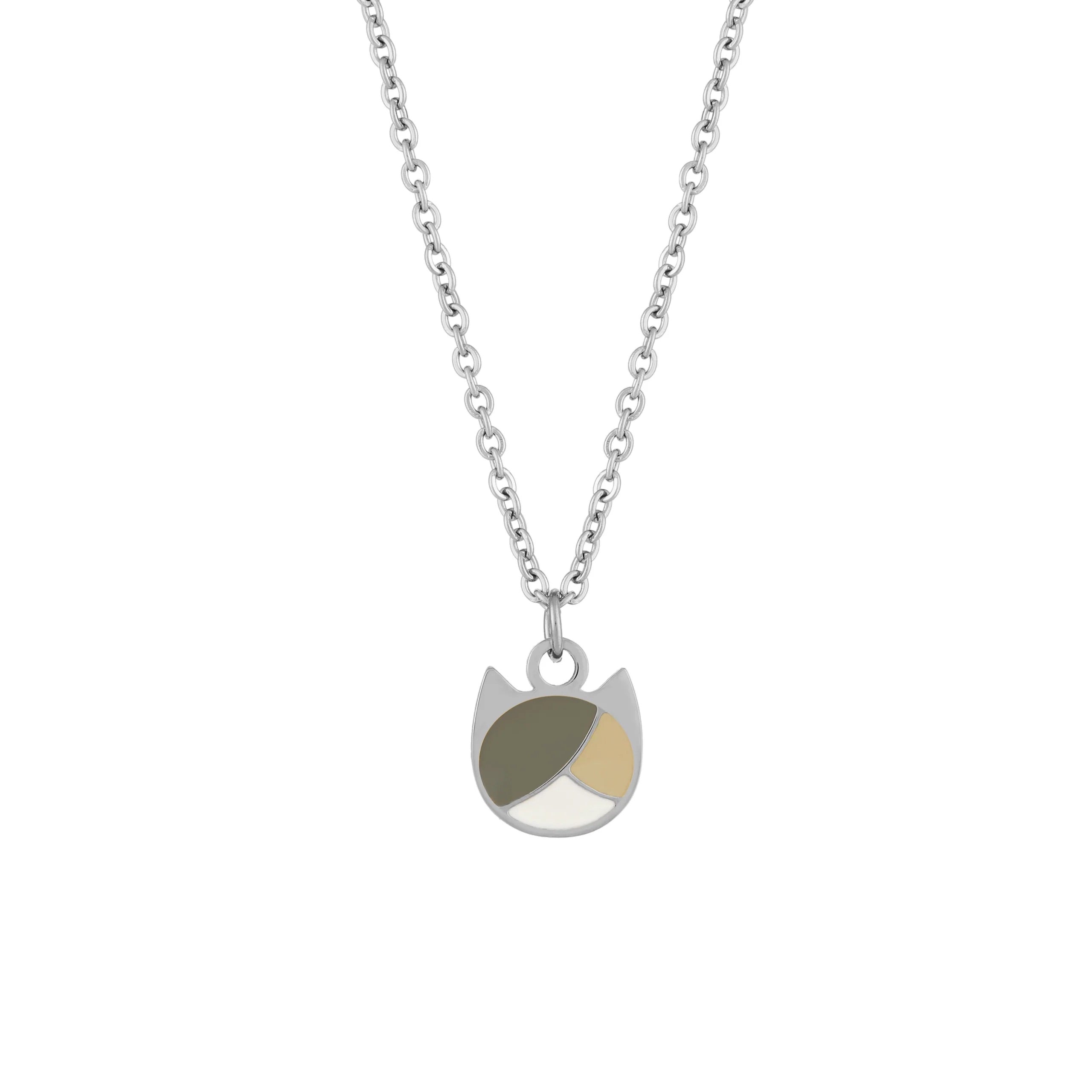 A silver chain necklace with a minimalist pendant shaped like a cat head, featuring a dark olive green, cream, and light tan color-blocked design on a plain white background.