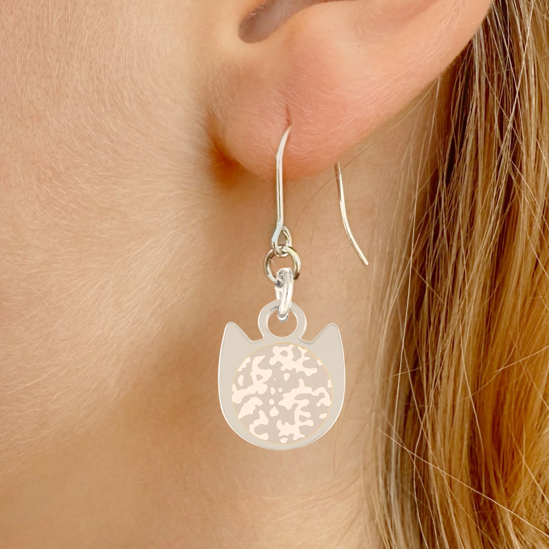 Tri-color minimalist cat earrings in silver or gold with a three-color cat silhouette charm