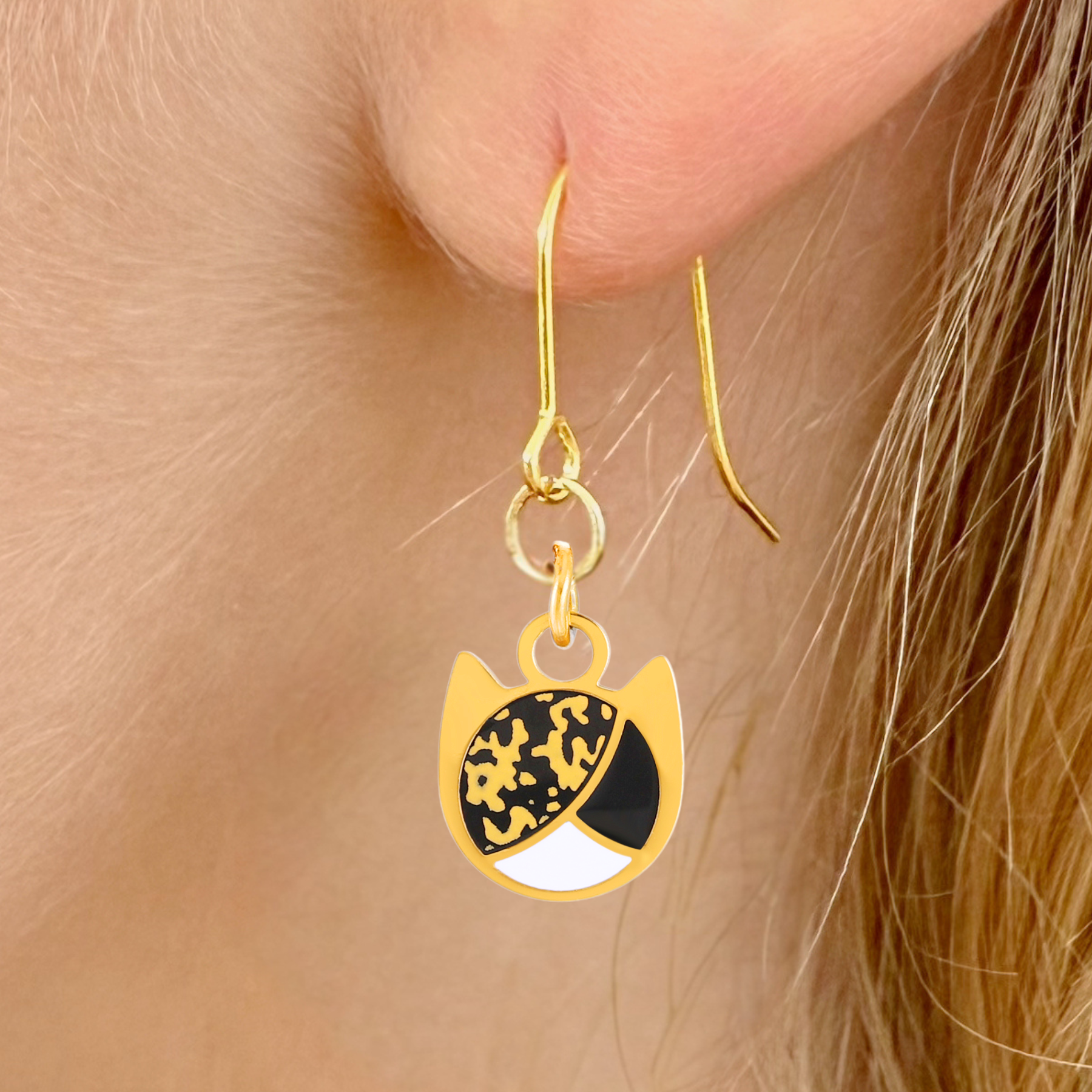 Tri-color minimalist cat earrings in silver or gold with a three-color cat silhouette charm