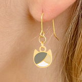 Tri-color minimalist cat earrings in silver or gold with a three-color cat silhouette charm