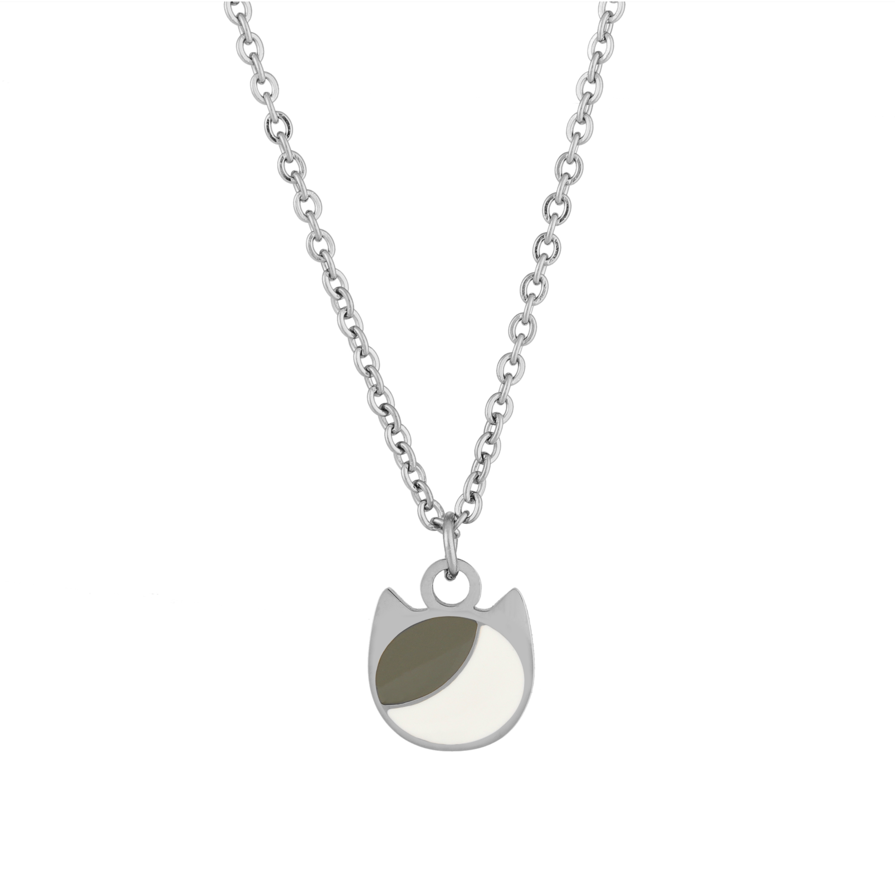 Asymmetrical minimalist cat charm necklace in silver or gold with an asymmetrical two-tone cat silhouette charm