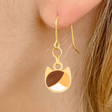 Tri-color minimalist cat earrings in silver or gold with a three-color cat silhouette charm