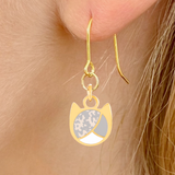 Tri-color minimalist cat earrings in silver or gold with a three-color cat silhouette charm