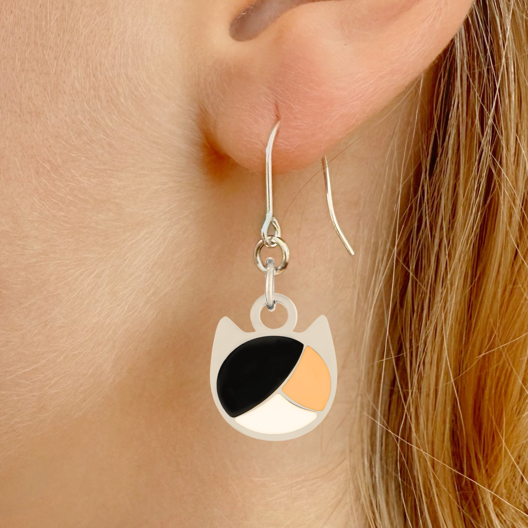 Tri-color minimalist cat earrings in silver or gold with a three-color cat silhouette charm