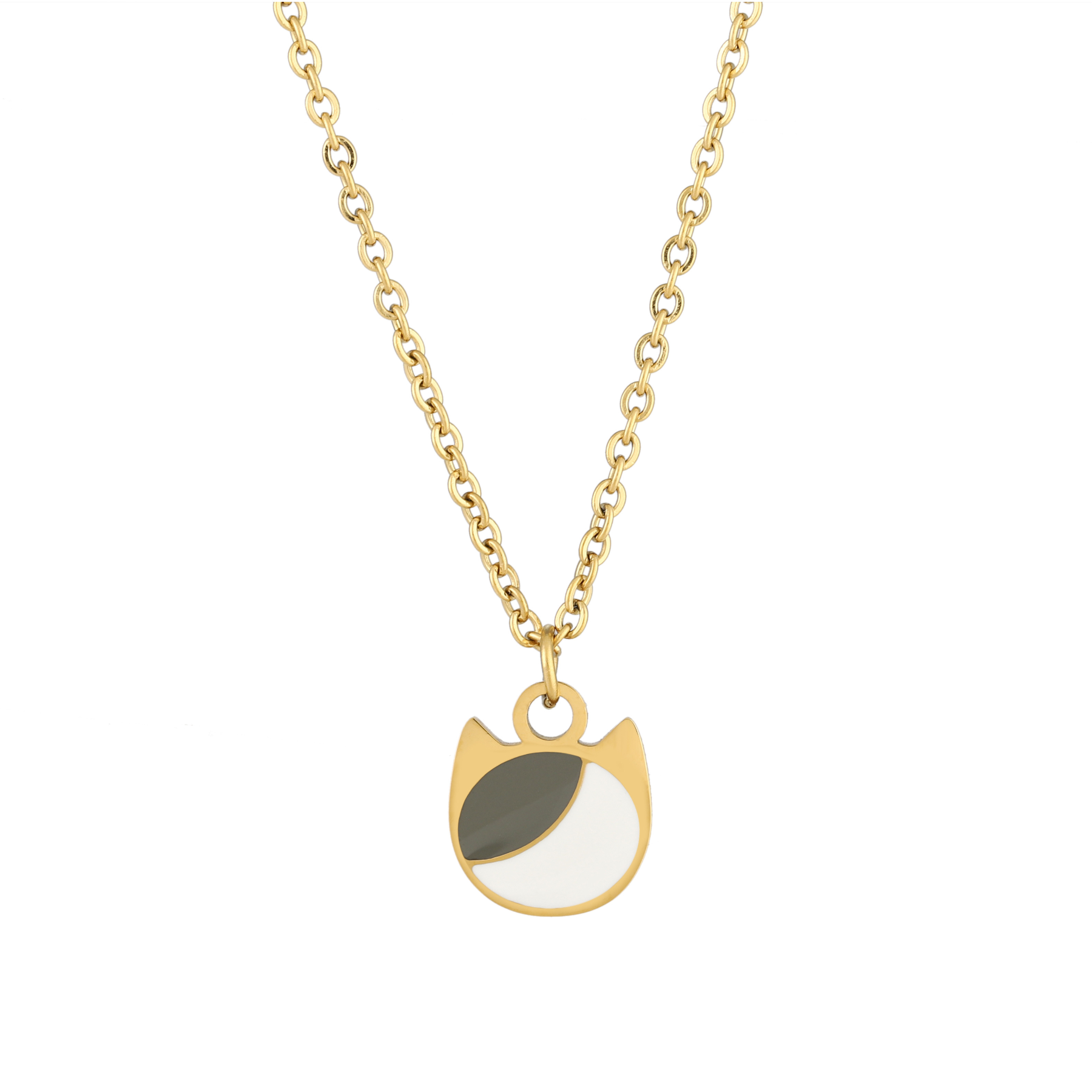 Asymmetrical minimalist cat charm necklace in silver or gold with an asymmetrical two-tone cat silhouette charm