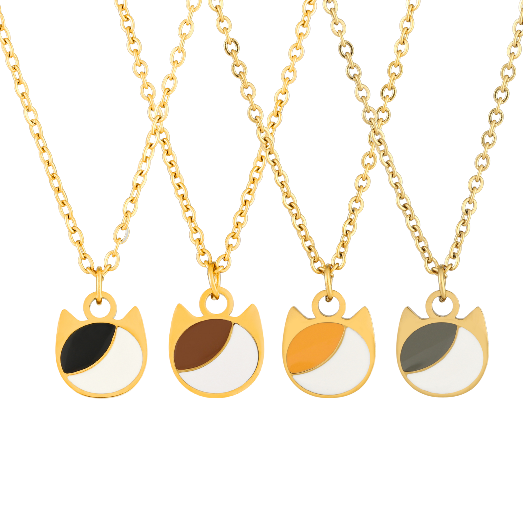 Asymmetrical minimalist cat charm necklace in silver or gold with an asymmetrical two-tone cat silhouette charm