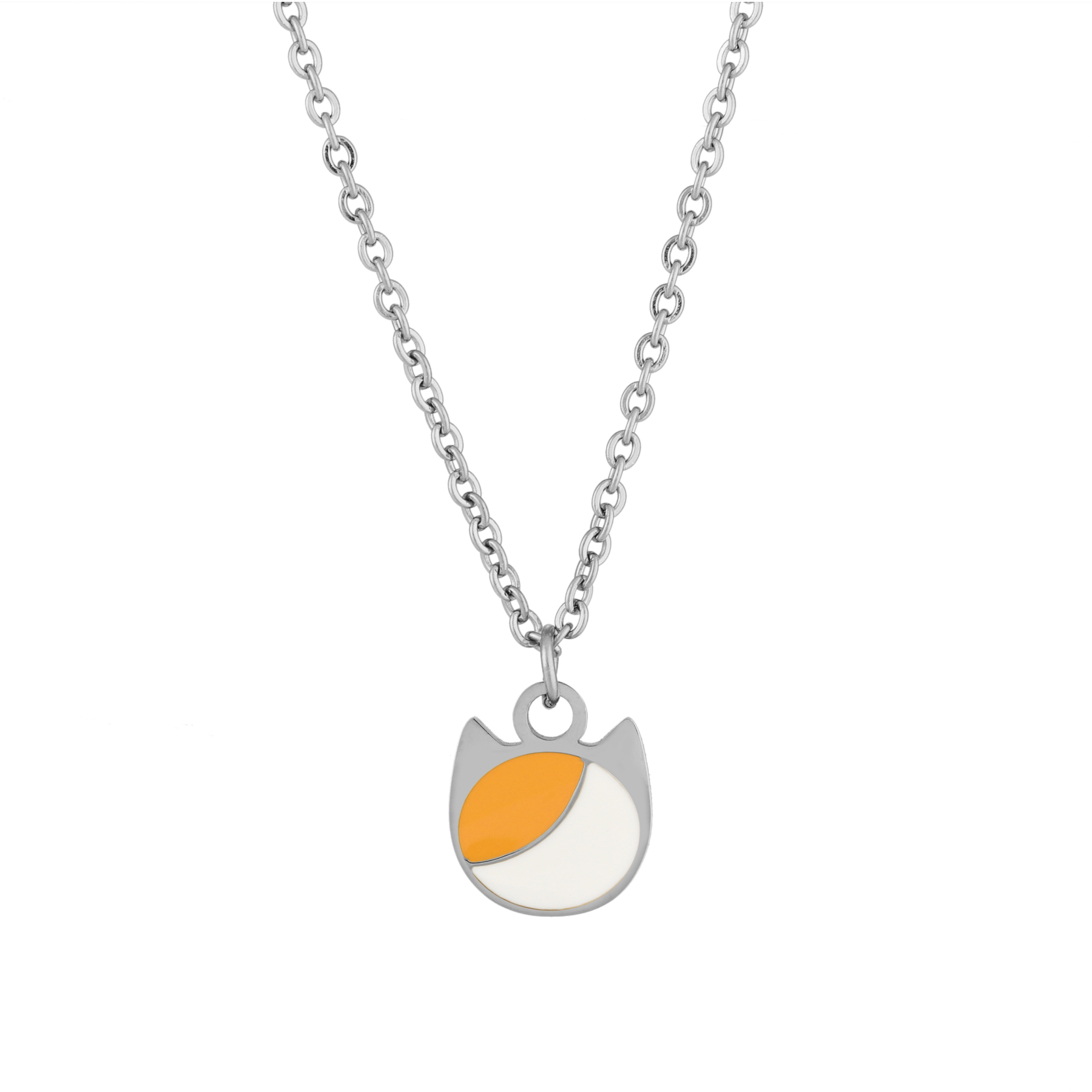 Asymmetrical minimalist cat charm necklace in silver or gold with an asymmetrical two-tone cat silhouette charm