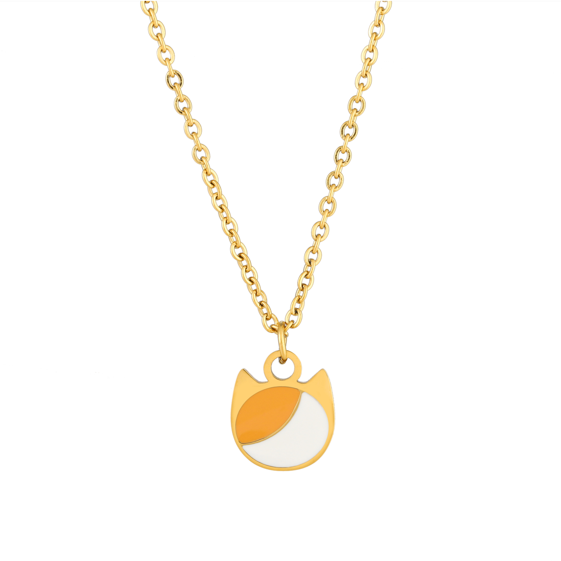Asymmetrical minimalist cat charm necklace in silver or gold with an asymmetrical two-tone cat silhouette charm