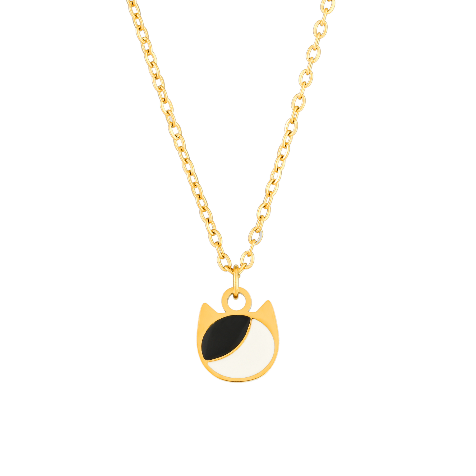Asymmetrical minimalist cat charm necklace in silver or gold with an asymmetrical two-tone cat silhouette charm