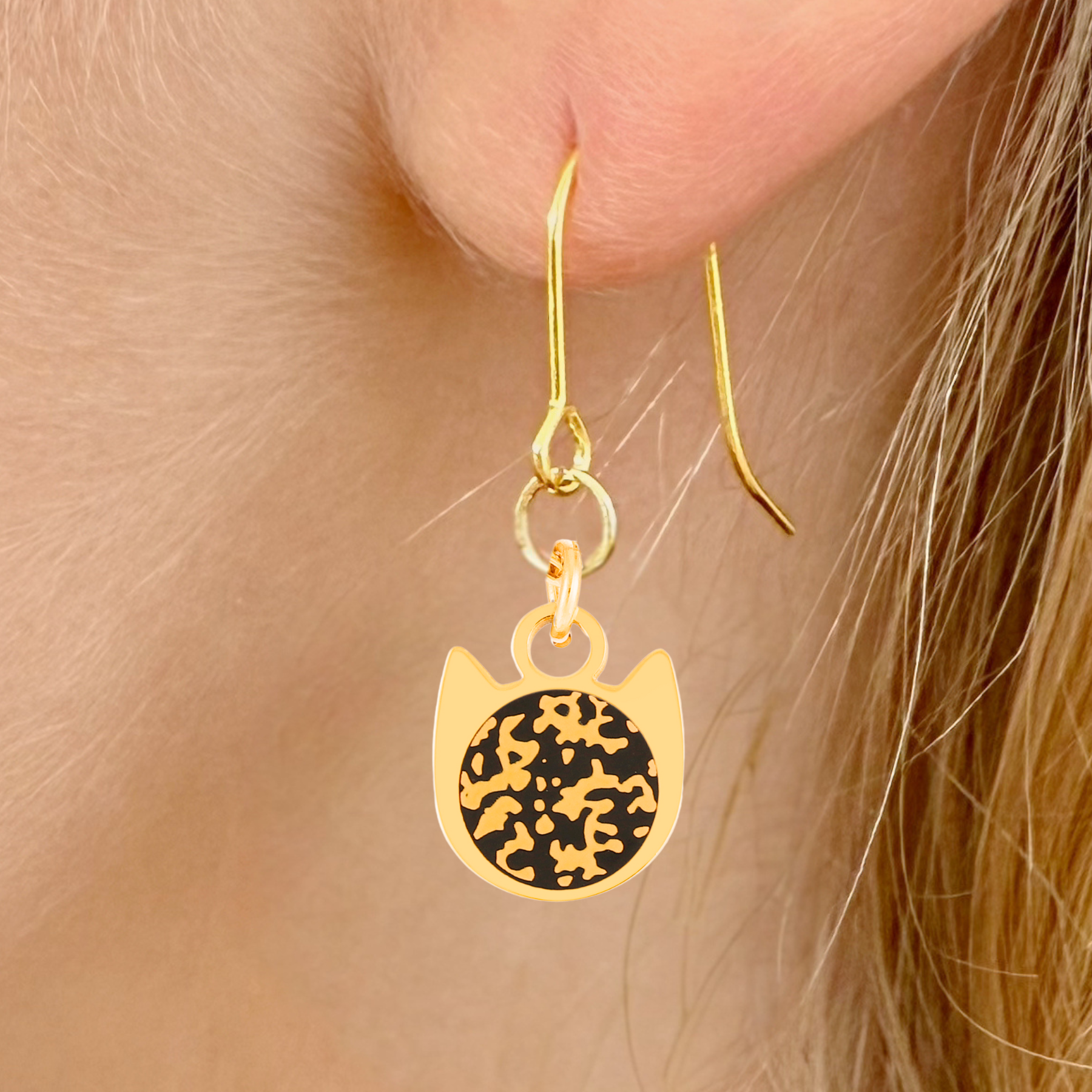Tri-color minimalist cat earrings in silver or gold with a three-color cat silhouette charm