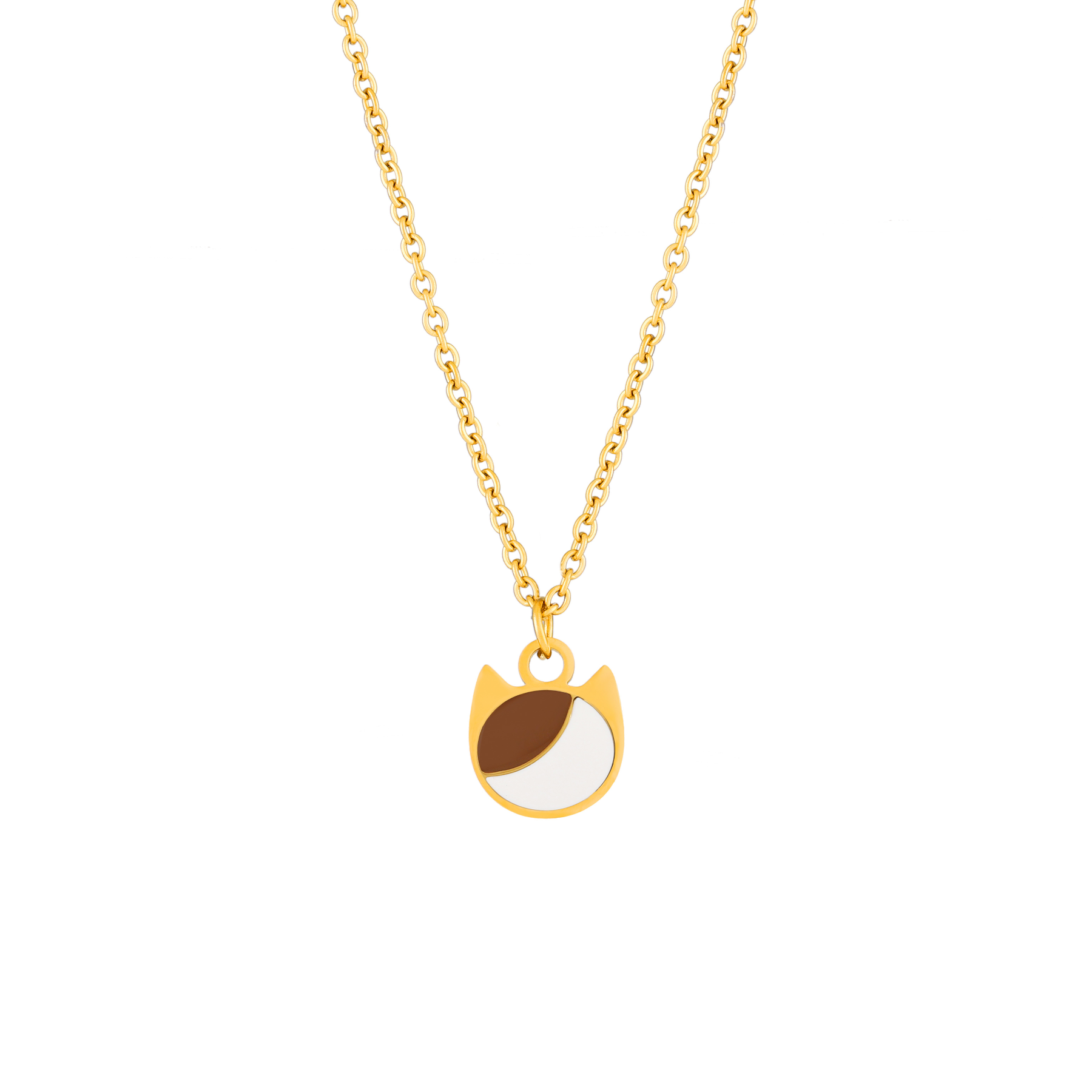 Asymmetrical minimalist cat charm necklace in silver or gold with an asymmetrical two-tone cat silhouette charm