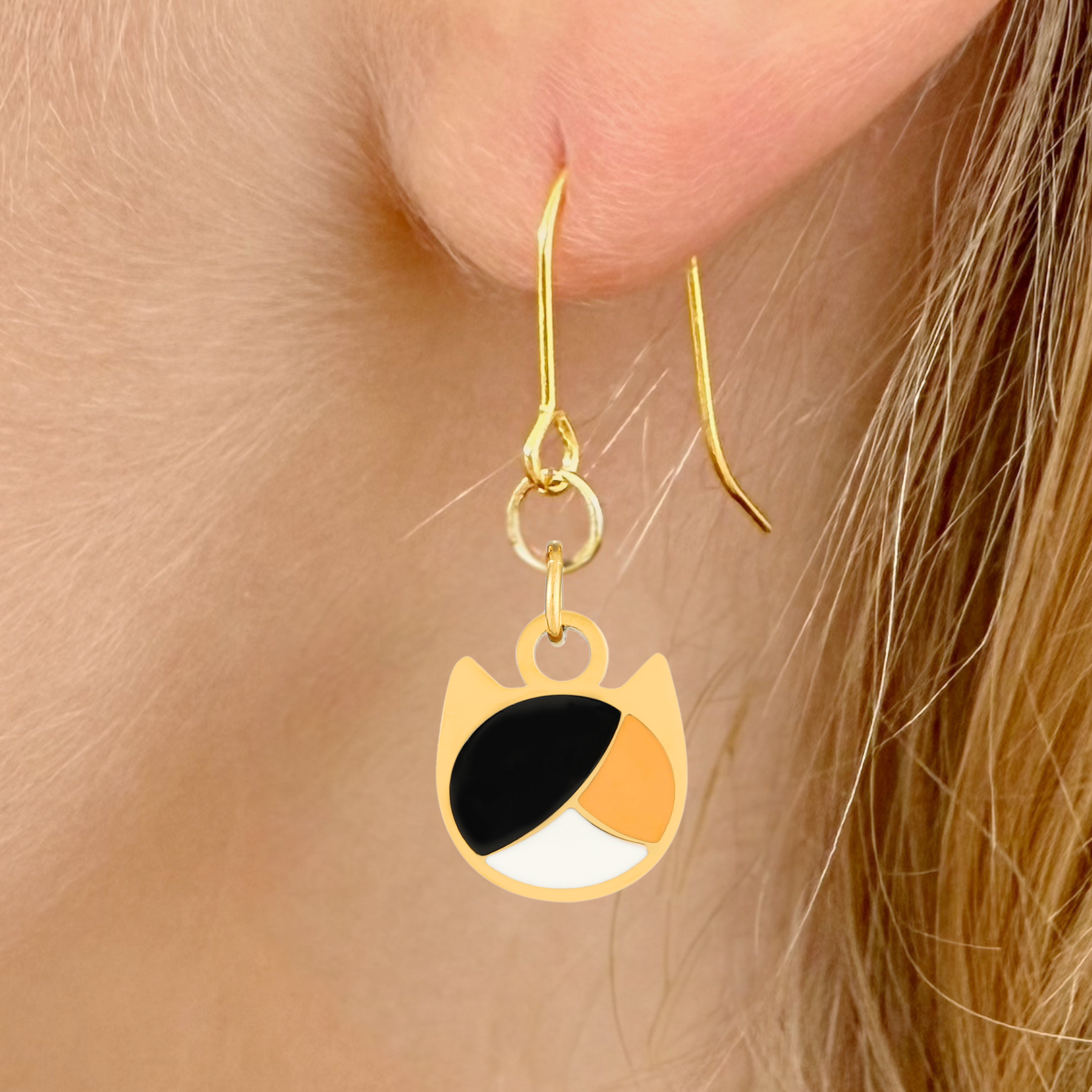 Tri-color minimalist cat earrings in silver or gold with a three-color cat silhouette charm