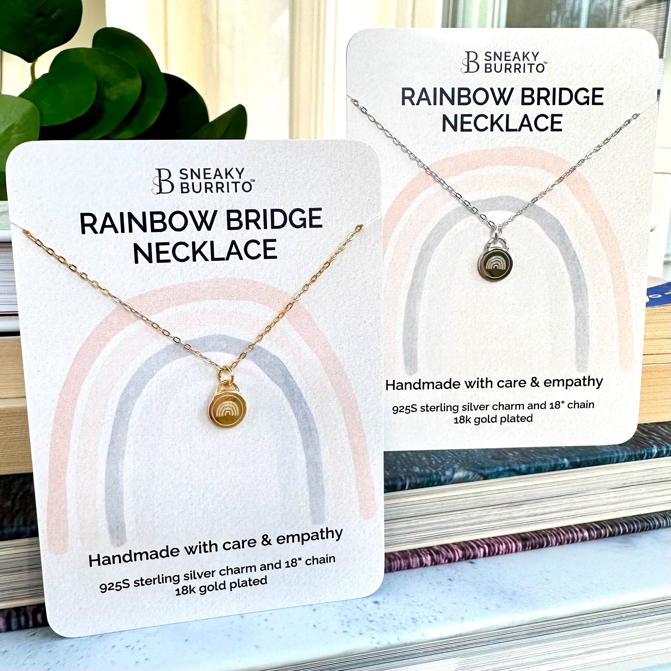 Rainbow Bridge necklace in silver or gold with a rainbow bridge charm