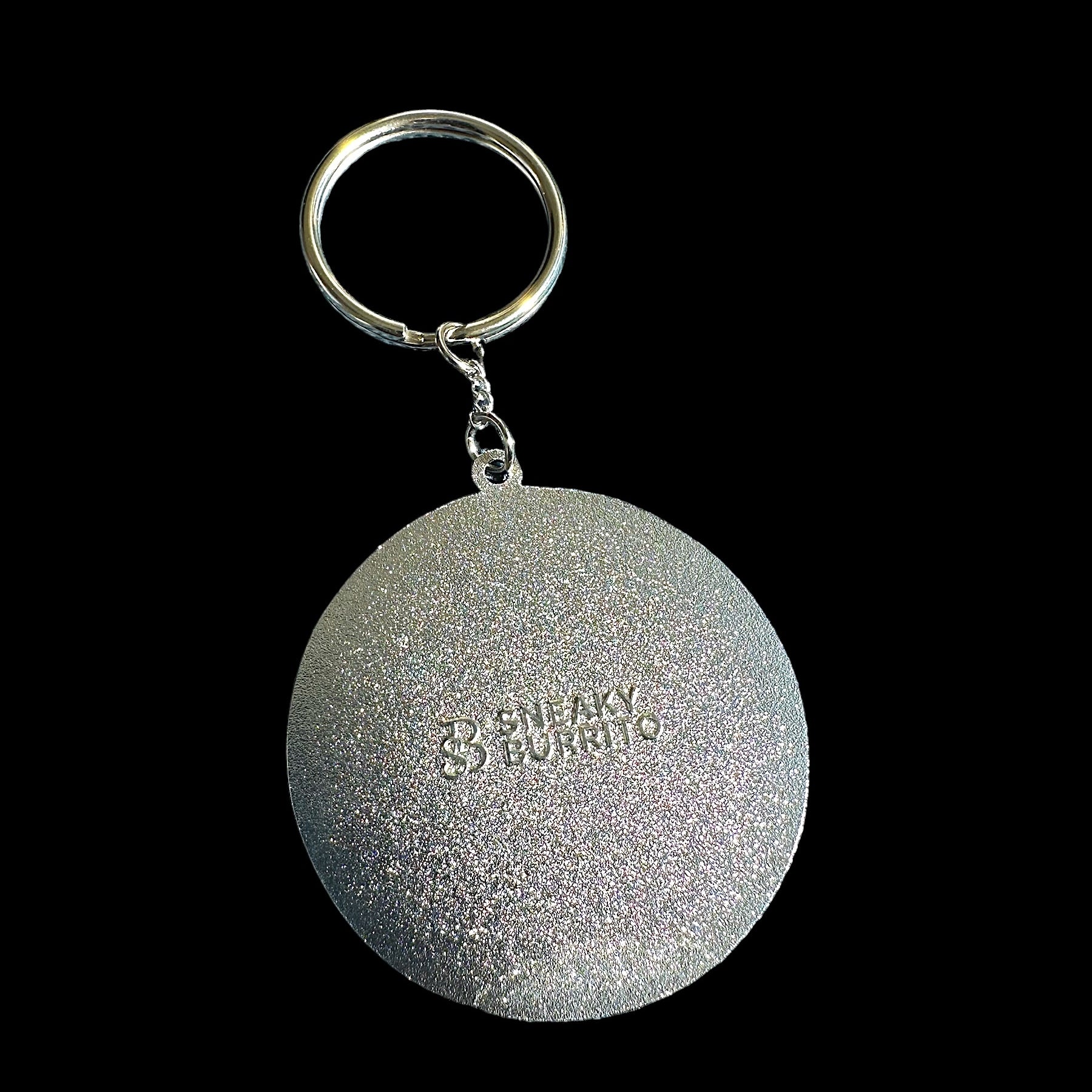 Eat Trash Hail Satan enamel keychain featuring a raccoon in black chrome plating