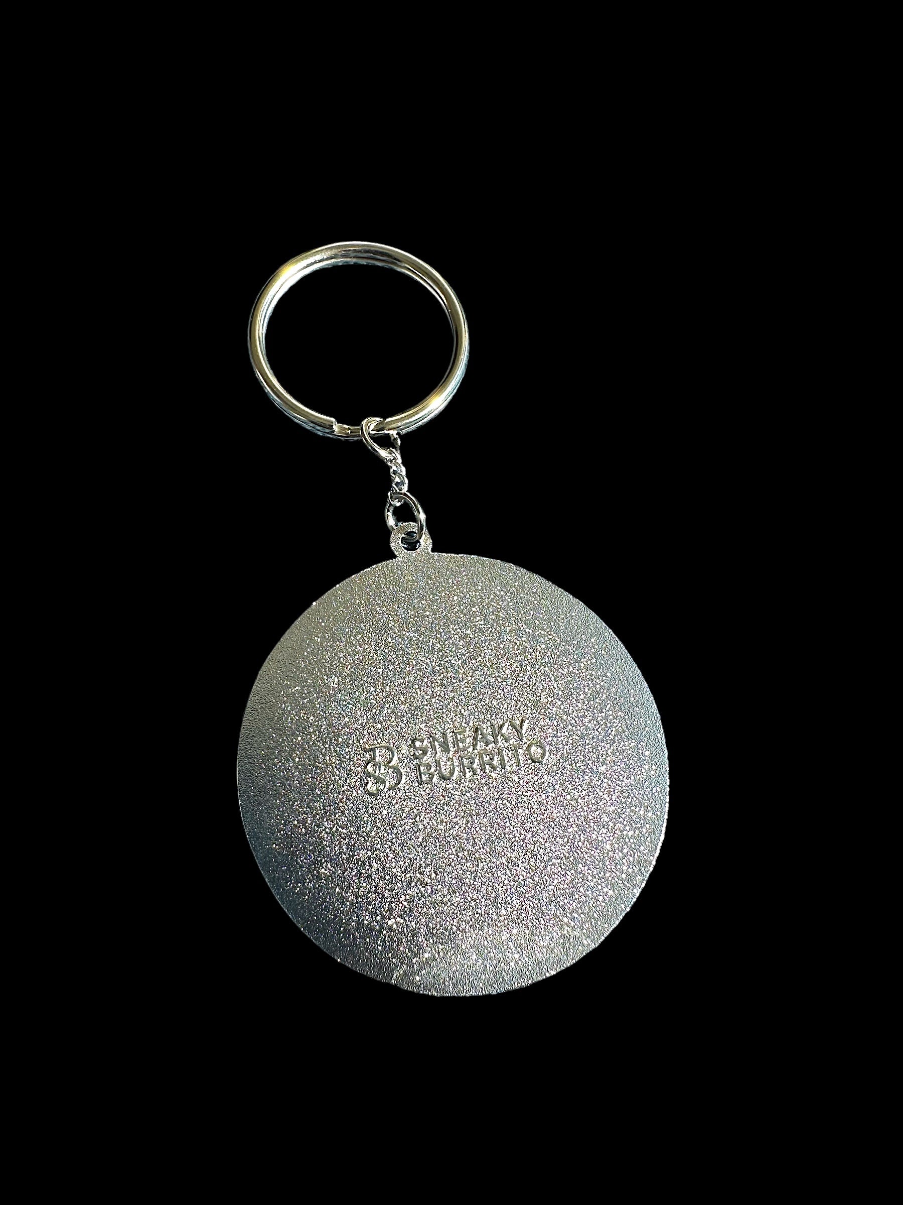 Eat Trash Hail Satan enamel keychain featuring a raccoon in black chrome plating