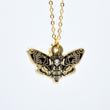 Death's-head hawkmoth necklace in silver or gold with a hawkmoth silhouette charm with the skull marking