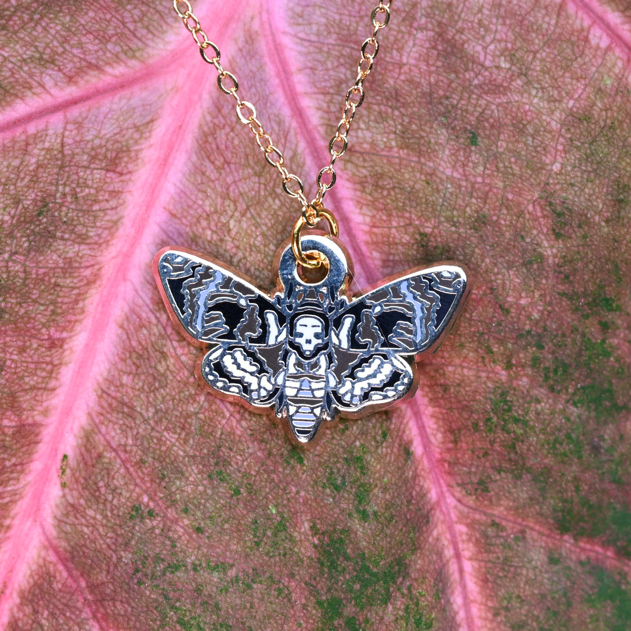 Death's-head hawkmoth necklace in silver or gold with a hawkmoth silhouette charm with the skull marking