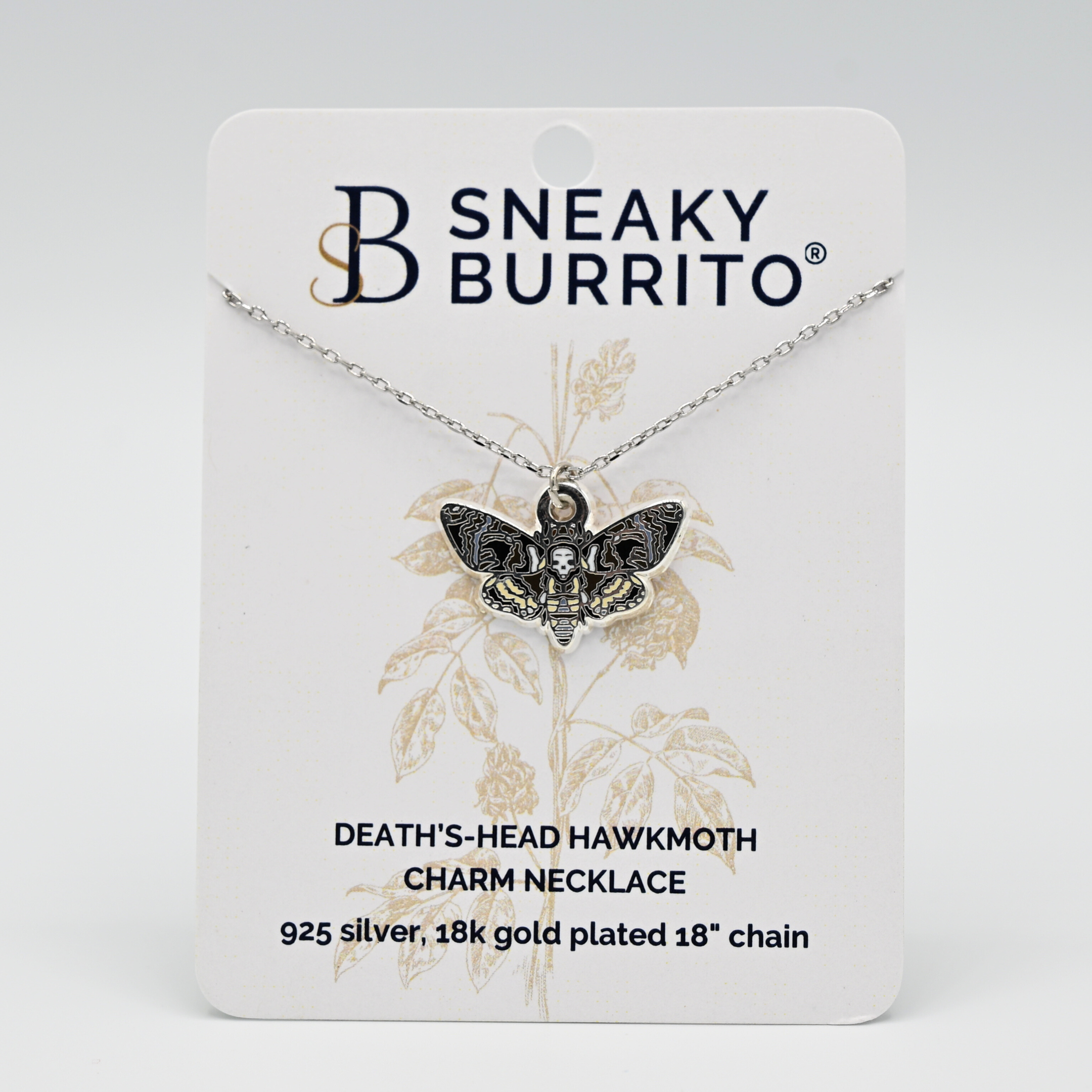 Death's-head hawkmoth necklace in silver or gold with a hawkmoth silhouette charm with the skull marking