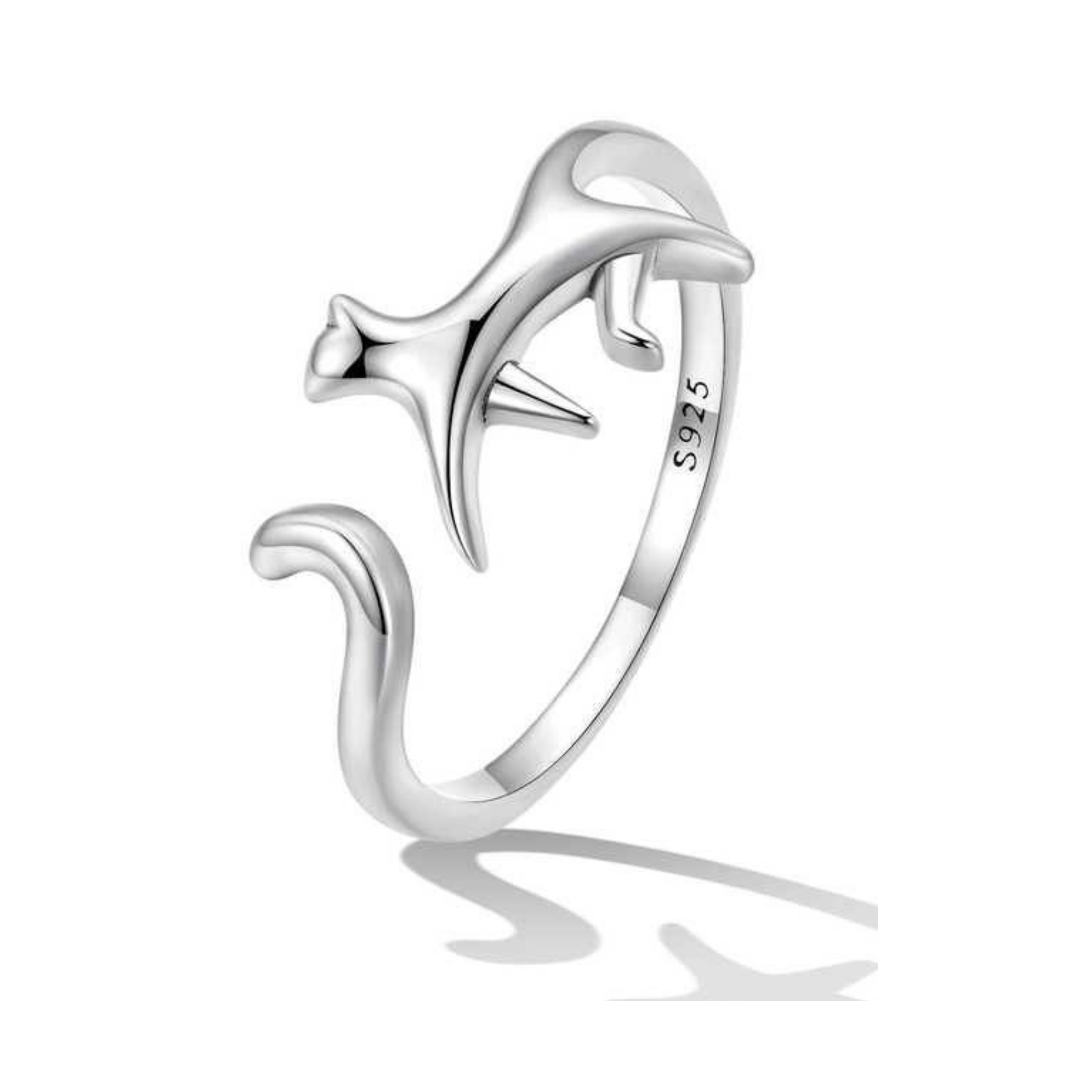Walking cat ring in silver or gold with a cat walking across the band