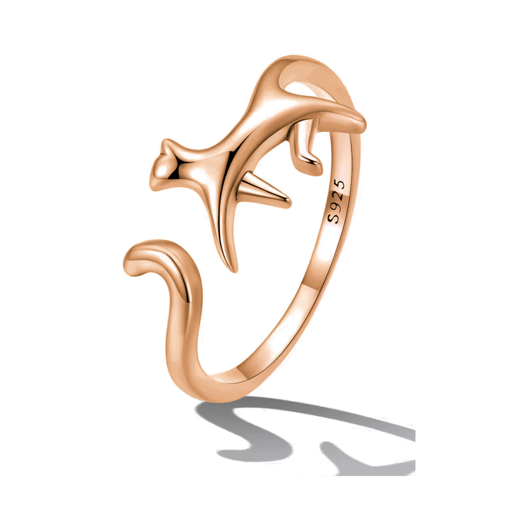 Walking cat ring in silver or gold with a cat walking across the band