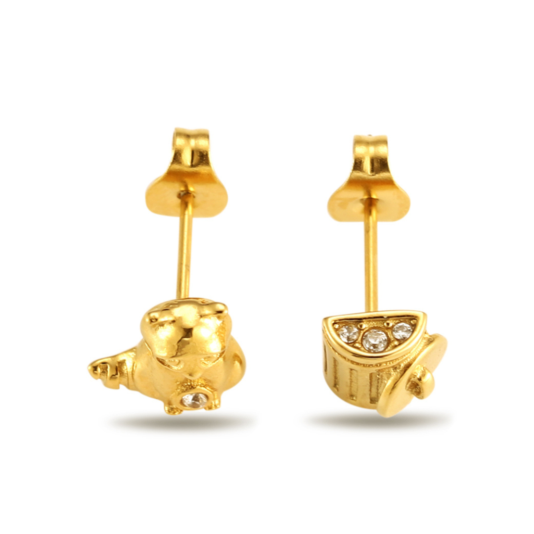 Trash Panda raccoon stud earrings in silver or gold with a trash can stud charm and a hidden CZ stone