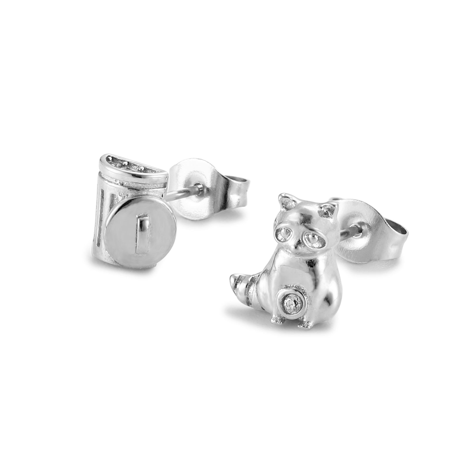 Trash Panda raccoon stud earrings in silver or gold with a trash can stud charm and a hidden CZ stone