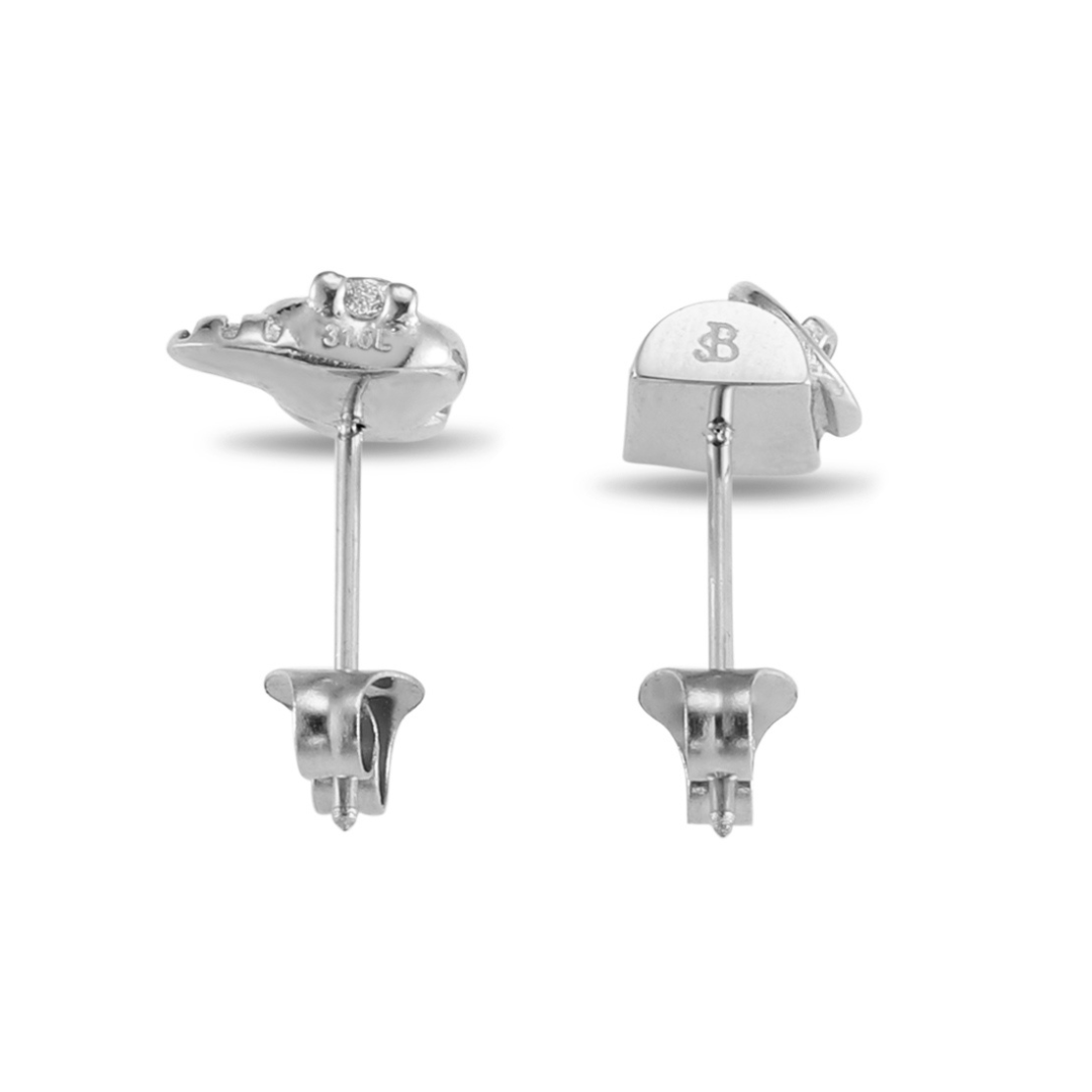 Trash Panda raccoon stud earrings in silver or gold with a trash can stud charm and a hidden CZ stone